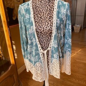 Elegant Floral Lace Tie-Front Blouse - Blue and Cream